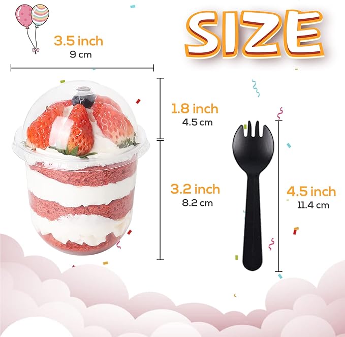 Jnnzzggu 50 Pack 12oz Clear Plastic Cups with Dome Lids and Sporks No Hole Disposable Fruit Cups for Dessert, Cupcake, Parfait, Pudding, Iced Cold Drinks, Snacks, Fruits, Bakeries, Ice Cream