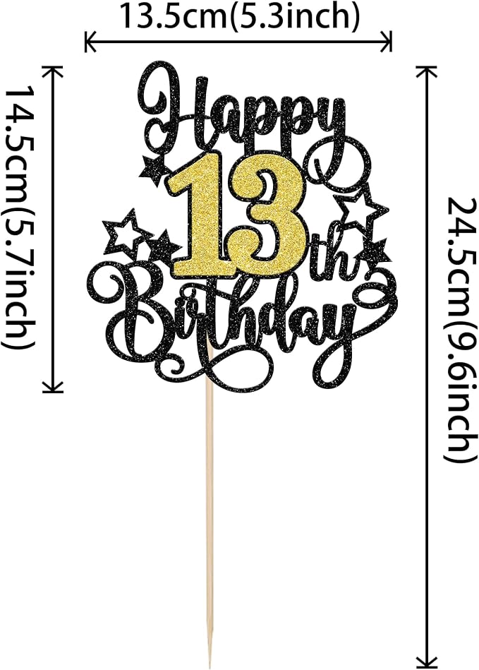 1 PCS Happy 13th Birthday Cake Topper Black Gold Glitter Cheers to 13 Years Birthday Cake Pick Hello 13 Fabulous Cake Decoration for Happy 13th Birthday Anniversary Party Decorations Supplies