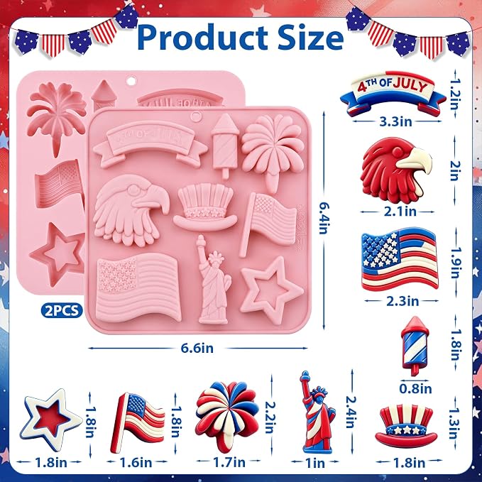4th of July Silicone Molds 2 Pack Independence Day Chocolate Molds Patriotic Silicone Candy Mold Tray Statue of Liberty American Flag Eagle Stars Cake Decorating Jelly Ice Cubes Soap Baking