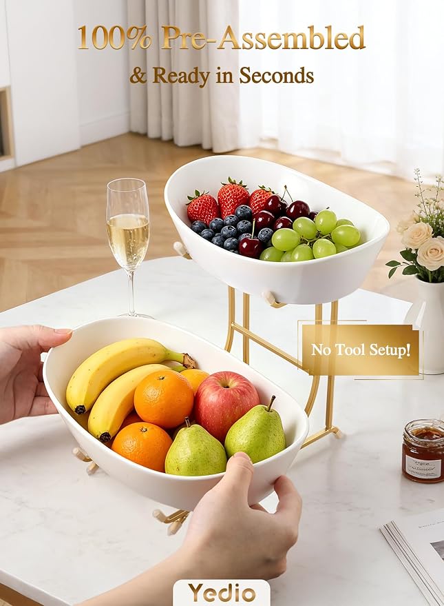 2 Tier Ceramic Fruit Bowl for Kitchen Counter, Elegant Gold Fruit Basket for Countertop, Small & Cute White Porcelain Tiered Serving Tray for Party, Modern Centerpiece for Snack, Candy & Nut