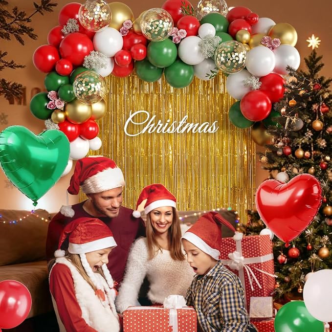 Red Green White and Gold Christmas Balloon Garland Arch Kit with Fringe Curtain for Birthday Baby Shower Winter Wedding Holiday Office Ugly Sweater Party Decorations
