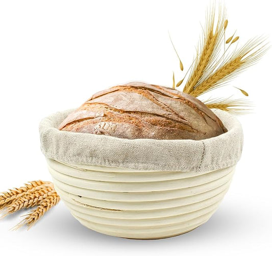 Vollum Banneton Bread Proofing Basket & Liner – Handmade Rustic Sourdough Bread Baking Supplies, Brotform Basket, Sour Dough Tools, Gifts for Bakers - Round - 7"D x 3.5"H
