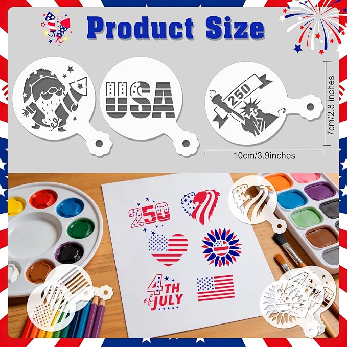 36PCS 4th of July Stencils for Painting,2.8" Cakes Cookies Templates Reusable for Baking,1776 American Independence Day Stencil for Flag Painting Dessert Coffee Patriotic Party Decoration