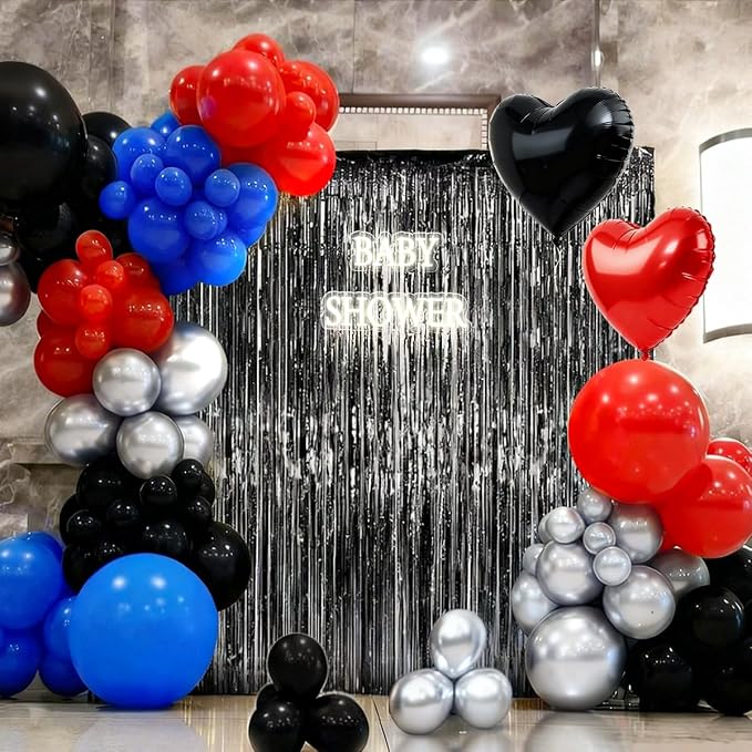 157Pcs Red Black Silver Blue Balloons Garland Arch Kit with Black Fringe Curtain Backdrop for Birthday Graduation New Year's Eve Baby Shower Party Decorations