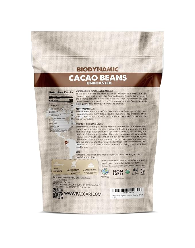 Paccari Organic Raw Cacao Beans | Natural Fresh, Pure & Unroasted | Keto, Vegan, Non-GMO, Gluten Free | Perfect for Unsweetened Chocolate Baking 16oz