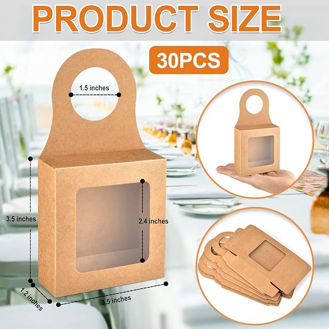 Mototo 30 PCS Kraft Paper Wine Bottle Boxes with Transparent Window Hanger Foldable Wine Bottle Empty Gift Boxes with Hanger for Valentines Christmas Candy Truffles Chocolate Cookies Packing, Kraft