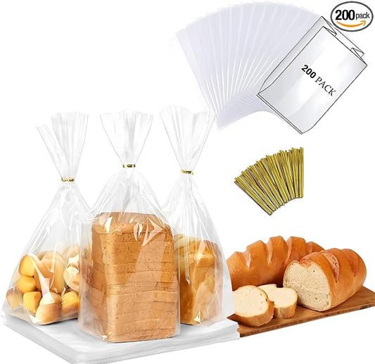Reusable Bread Bags for Homemade Bread & Sandwich Bread ， 200 Pack Clear Plastic Storage Bags with Ties, Airtight Food Safe Design for Home Bakers and Bakeries（8"x4"x18"）