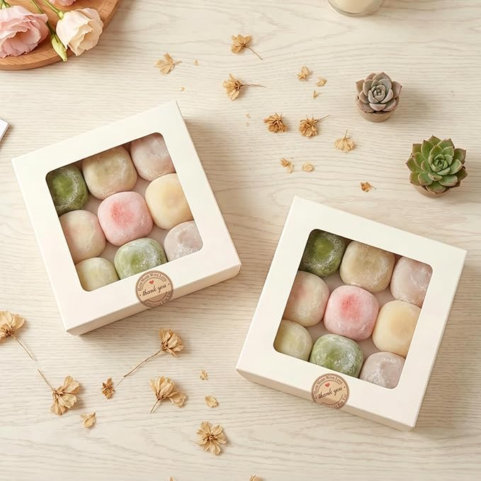 Homrelaxy 70 Pcs White Bakery Boxes with Window - 8x8x2.5 Inches Cardboard Cookies Boxes with Stickers for Macaroon, Pastries, Donuts, Cupcakes, Cookies and Chocolate Strawberries