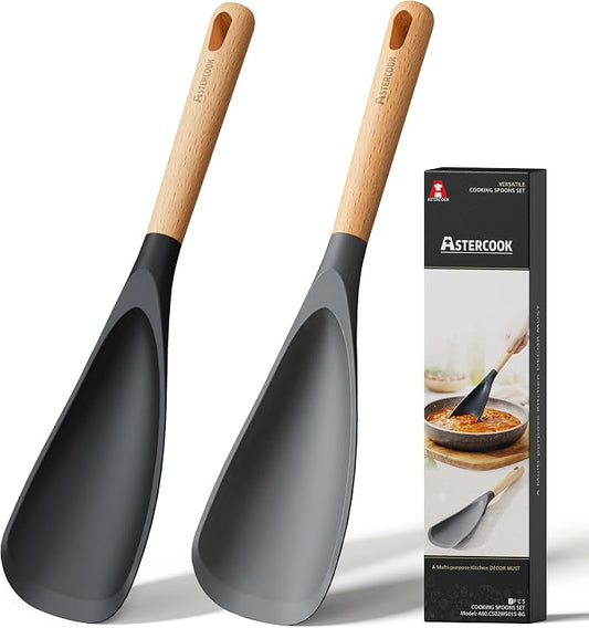 Astercook Cooking Spoon, Nonstick Safe Silicone Spatula with Long Wooden Handles, Heat Resistant, BPA-Free, Built-in Spoon Rest, 2 Pack Spatula Spoon for Stirring, Scooping, Scraping and Serving