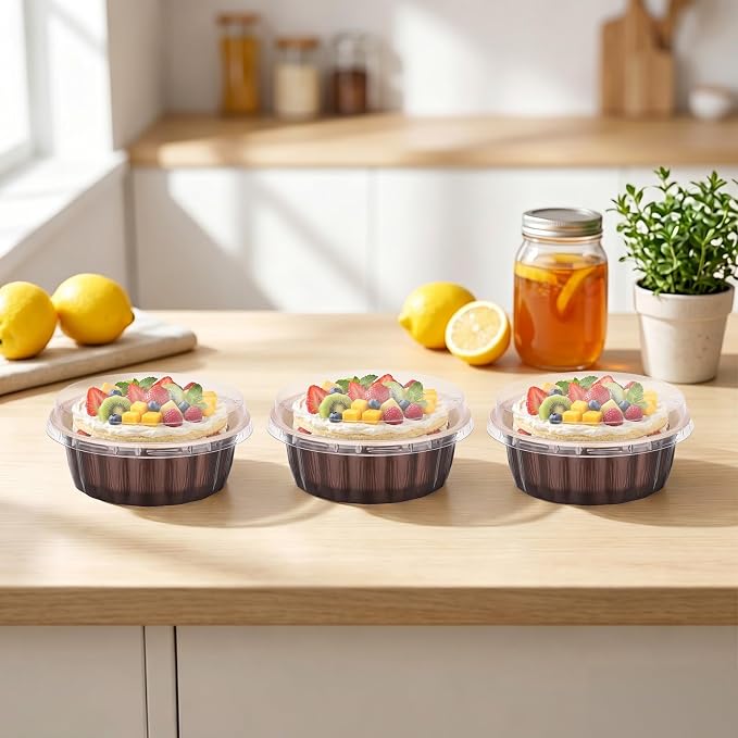 Beasea 8 oz Ramekins with Lids, 120 Pack 8oz Disposable Aluminum Foil Creme Brulee Baking Cups, Round Muffin Mini Pudding Cups Tins Individual Cupcake Containers for Party Birthday - Mocha Almond