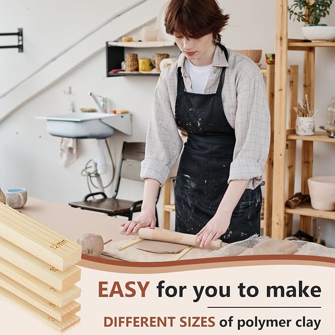 Sasylvia 20 Pcs Clay Pottery Rolling Pin Guides Wood Teaching Rolling Mud Stick Guide Set Polymer Clay Depth Thickness Guide Pottery Mudboard Tools (10 Size,Wood Color)