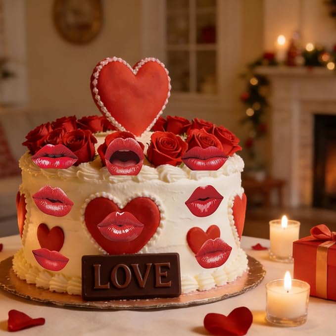 54PCS Edible Red Lips Cupcake Toppers Wafer Paper Kiss Lips Cupcake Picks Happy Valentine's Day Cake Decor for Valentine's Day Theme Party Birthday Decoration Supplies
