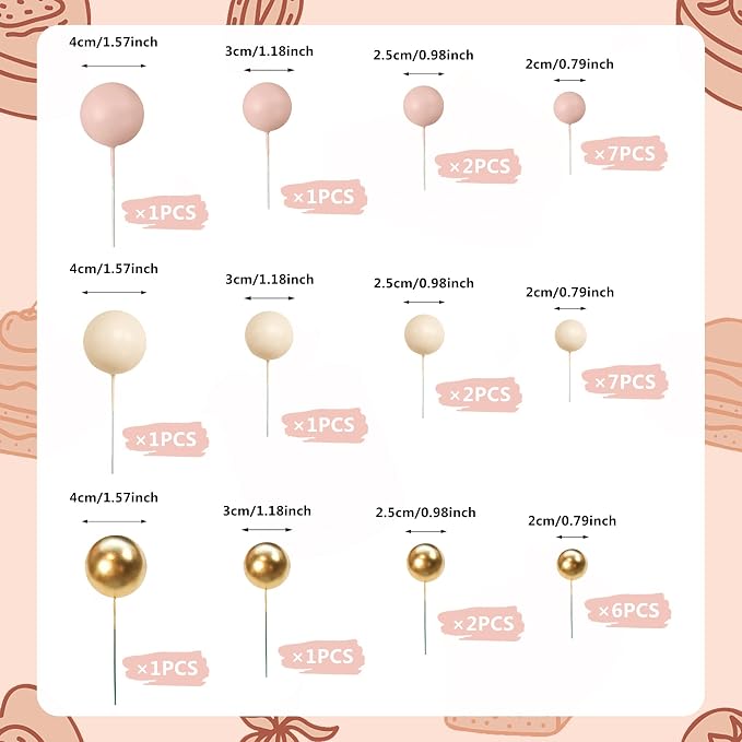 32 PCS Colorful Ball Shaped Cake Topper Pearl Balls Cupcake Cake Insert Topper for Birthday Party Wedding Decoration Supplies (Apricot Gold Light Brown)