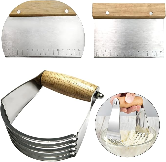 3 PCS Dough Pastry Cutter Scraper Blender Set with Stainless Steel Blades and Comfortable Wood Handle for Biscuit Butter Pie Nut Crust Kitchen Baking Supplies