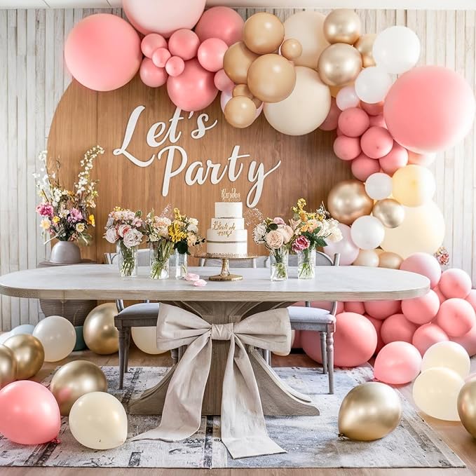 Dusty Pink Balloons Arch Kit, 108 Pcs Blush Pink Garland with Double Stuffed White Apricot Latex Balloon Metallic Champagne Gold for Girls Boho Princess Baby Shower Birthday Wedding Party Decoration