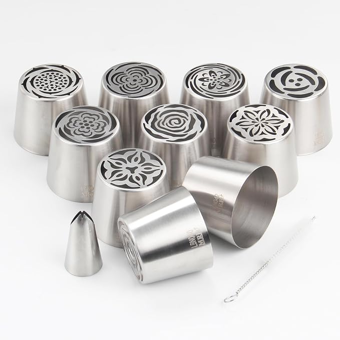 12-Piece Extra-Large Russian Flower Piping Tip Set, Stainless Steel Rose and Tulip Piping Tips for Cake Decoration, Including 10 Extra-Large Flower Tips, 1 Leaf Tip, and 1 Brush