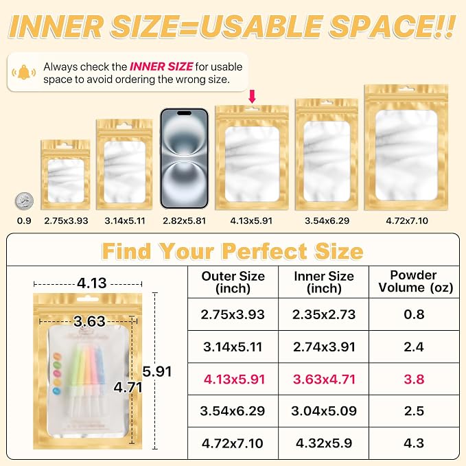 ANZNKU 100 PCS Resealable Mylar Bags with Frosted Clear Window Packaging Bags Foil Pouch Zipper Bag for Food Self Sealing Storage Supplies (4.13x5.91, Light Gold)