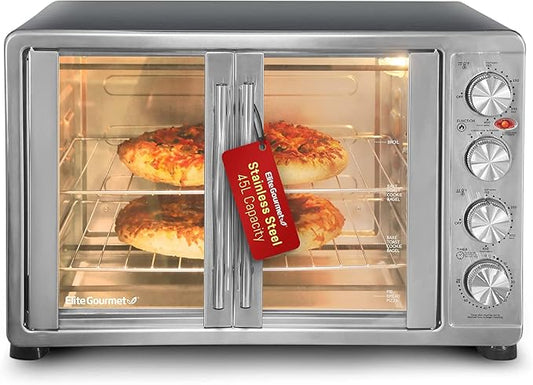 Elite Gourmet ETO4510MX French Door 47.5Qt, 18-Slice Convection Oven 4-Control Knobs, Bake Broil Toast Rotisserie Keep Warm, Includes 2 x 14" Pizza Racks, Stainless Steel
