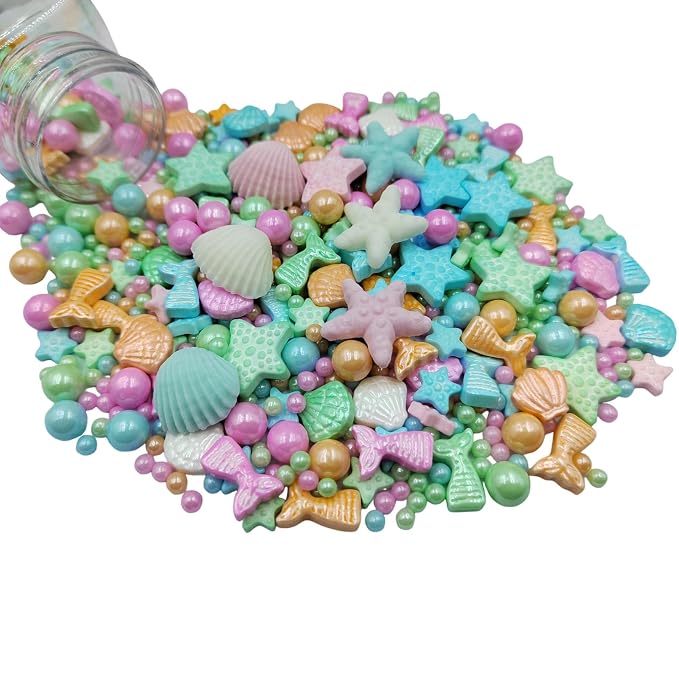 Homankit Mermaid Sprinkle Sweets Sprinkles for Baking Dessert Cupcake Cake Topper Starfish Shell Pearl Mermaid Candy Mix 3.53 Ounces Multicolor