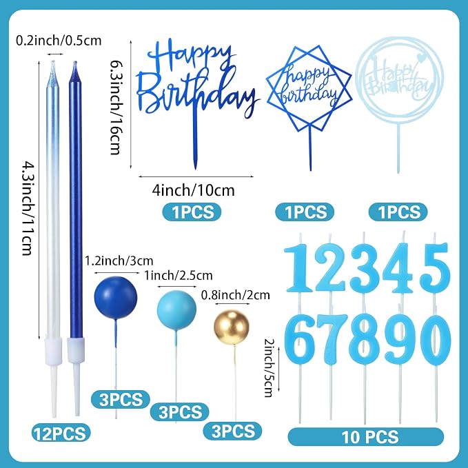 Yerliker 34 Pcs Happy Birthday Cake Toppers Decorations Birthday Candles DIY Cake Decor for Men Women Wedding Anniversary(Navy Blue)