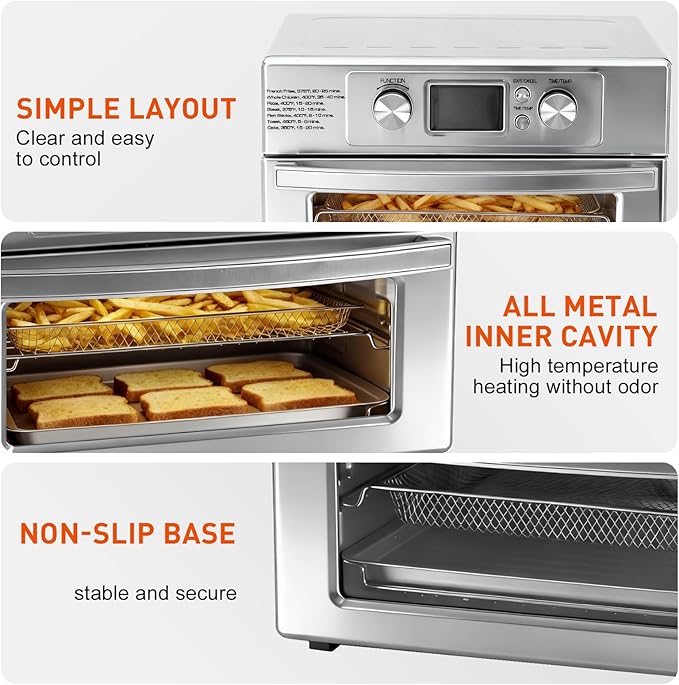 OLIXIS Toaster Oven Countertop, 23QT Air Fryer Toaster Oven Combo, 4-in-1 Bake Toast Broil & Air Fry, Dual Convection, 60-Min Timer with Indicator, 180°F-450°F, Accessories Included, Stainless