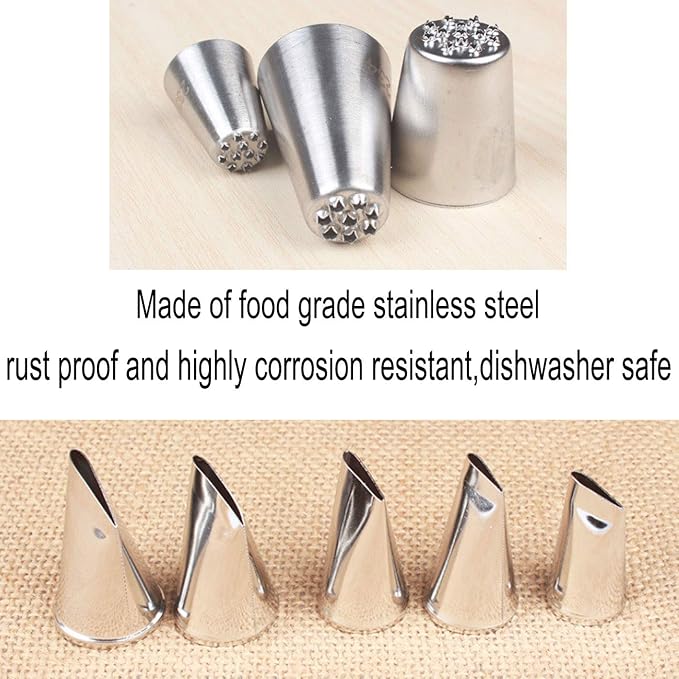 5 Pieces Large Piping Tips Set and 3Pcs Russian Grass Cream Tips DIY Decor Baking Tool, Stainless Steel Piping Nozzles Kit for Pastry Cupcakes Cakes Cookies Decorating