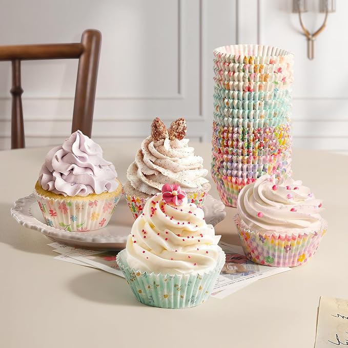 Standard Cupcake Liners 100 Pack, Colorful Paper Baking Cups Food Grade Disposable Cupcake Wrappers Floral Muffin Liners for Birthday Tea Themed Party Decor (Floral-2)