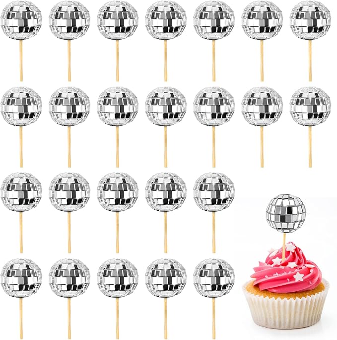 Soelomu 24 Pcs Disco Ball Cupcake Toppers, Mini Disco Ball Cake Picks Birthday Cake Decorations for 1970s Disco Theme Party Favor