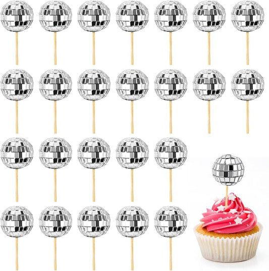 Soelomu 24 Pcs Disco Ball Cupcake Toppers, Mini Disco Ball Cake Picks Birthday Cake Decorations for 1970s Disco Theme Party Favor