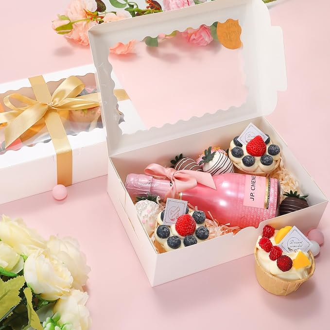 36 Pack Cookie boxes with Window,9x6x2.5 Inch Large Bakery Boxes with Ribbon and Sticks for Chocolate Covered Strawberries Muffins Donuts Pastry Dessert