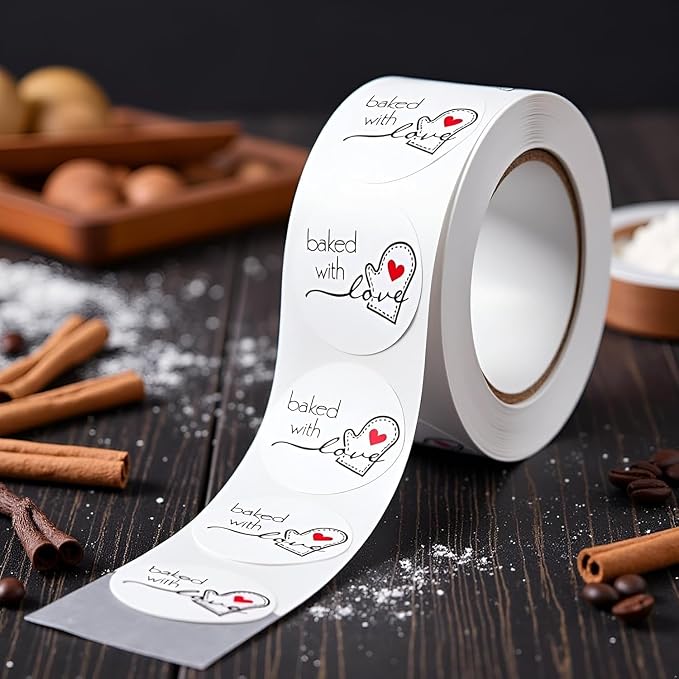 500Pcs White Baked with Love Round Adhesive Stickers for Bakery Bags, Candle Packaging, Labels and Stamps