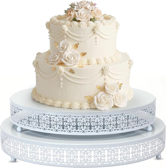 Wenqik 2 Pack Cake Stand Set, 14/16 Inch Metal Round Cupcake Dessert Stand Decorative Elegant Cake Display for Weddings Party Birthday Baby Showers Anniversary(Ornate Floral,White)