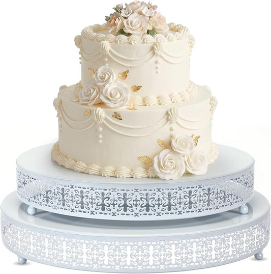 Wenqik 2 Pack Cake Stand Set, 14/16 Inch Metal Round Cupcake Dessert Stand Decorative Elegant Cake Display for Weddings Party Birthday Baby Showers Anniversary(Ornate Floral,White)