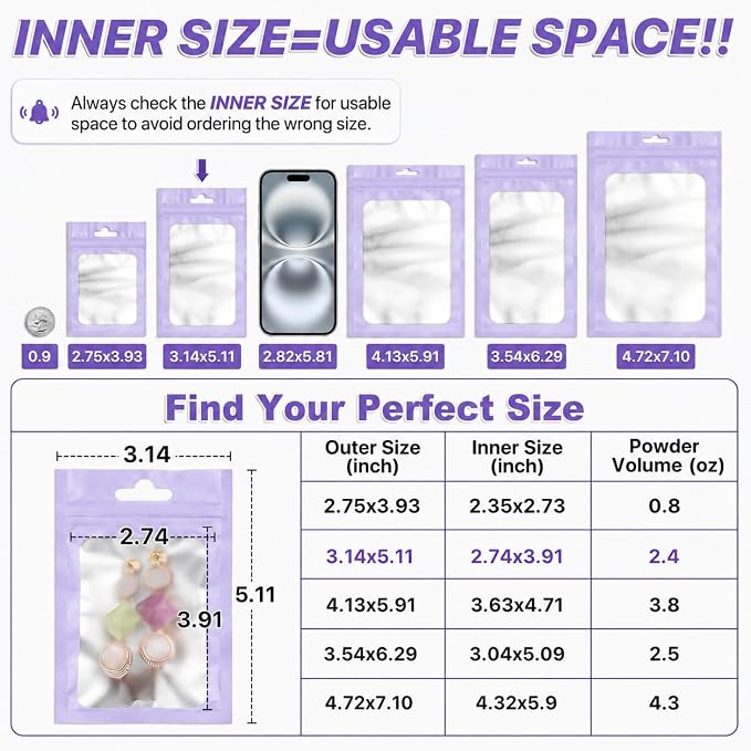 ANZNKU 100 Pack Lavender Purple Resealable Mylar Bags with Frosted Clear Window 3.14x5.11", Smell Proof Sealable Packaging Bags for Small Business, Foil Pouch Zip Goodie Bag for Candy Treat Jewelry