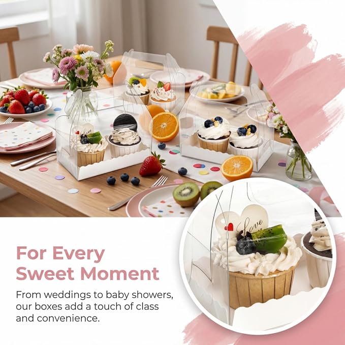 Clear Gable Bakery Gift Box,40 Pack, Handles, Party Favor | Candy Treat Boxes, Treat Dessert Cookies Container for Birthday Wedding Baby Shower, 6.4''L x 3.5''W x 3.3''H
