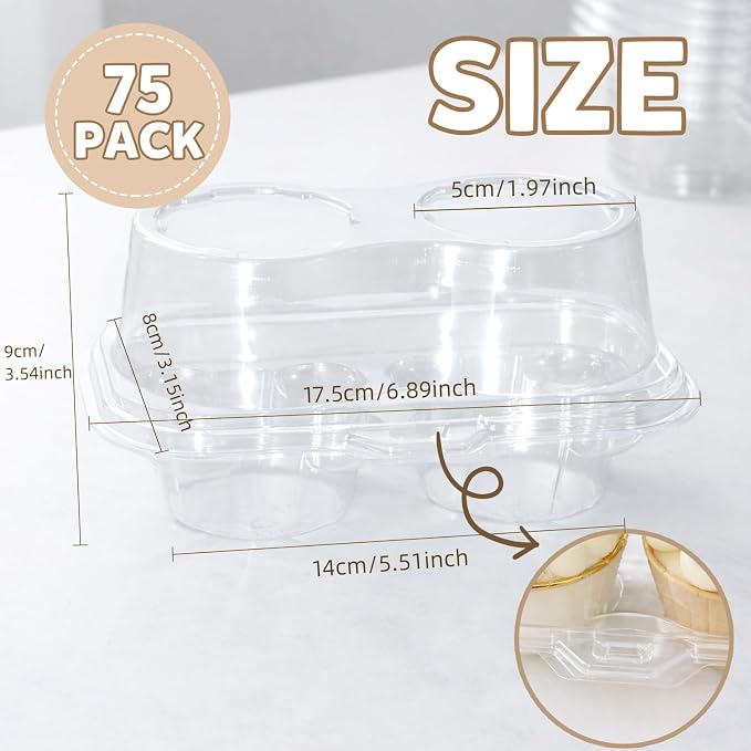 WIKDAY 2 Count Cupcake Containers with Lids, 75 Pack Stackable cupcake holders Clear Plastic Dessert Boxes for 150 Cupcakes, Muffins