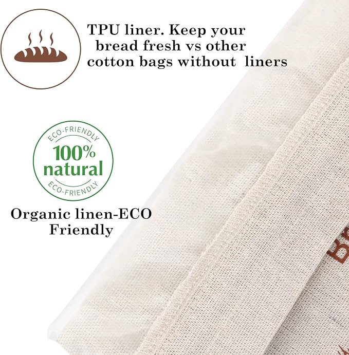 2 Pack Reusable Linen Bread Storage Bags with Plastic Lining, Sourdough Bread Keeper for Home Bakers, 12x15 Inch (2 patterns)