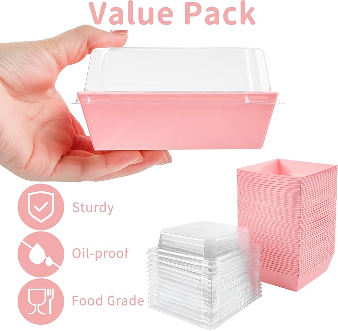 Kucoele Charcuterie Boxes with Clear Lids, 4 Inches, 100 Pack, Pink | Disposable, Paper, Food Containers, For Sandwich, Cookie, Dessert, Cupcake, Chocolate Covered Strawberry