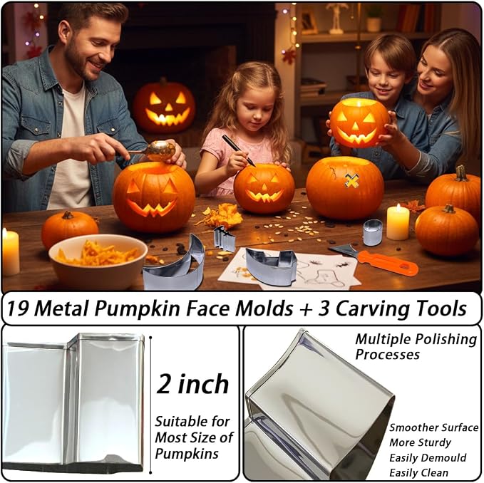 Pumpkin Carving Kit 22Pcs Tools, 2” Deep Halloween Pumpkin Carving Stencils Set Metal Mold with Hammer, Safer & Funny Halloween Decoration Cookie Cutters Shapes Pie Pancake