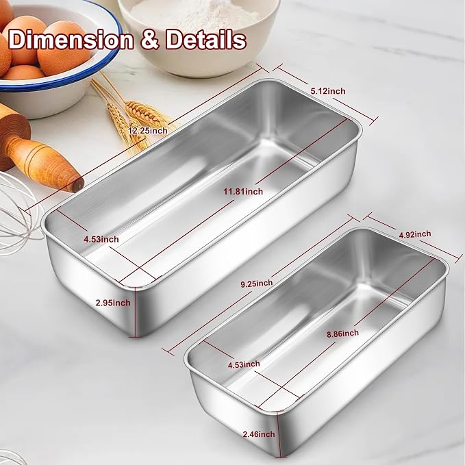 LIANYU 2 Pack Stainless Steel Bread Pan Set for Baking, 1 Large (12x5 Inch) & 1 Medium (9x5 Inch) Loaf Pans, Non Toxic Metal Bakeware for Meatloaf, Sourdough Bread, Lasagna, Oven & Dishwasher Safe