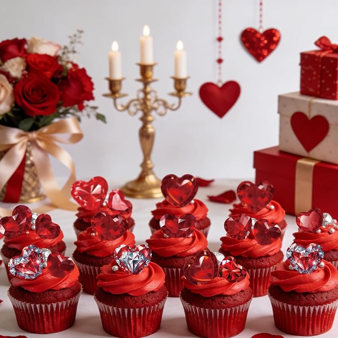 56PCS Edible Crystal Heart Cupcake Toppers Wafer Paper Red Diamond Heart Cupcake Picks Be Mine Cake Decor for Valentine's Day Theme Engagement Party Decoration Supplies