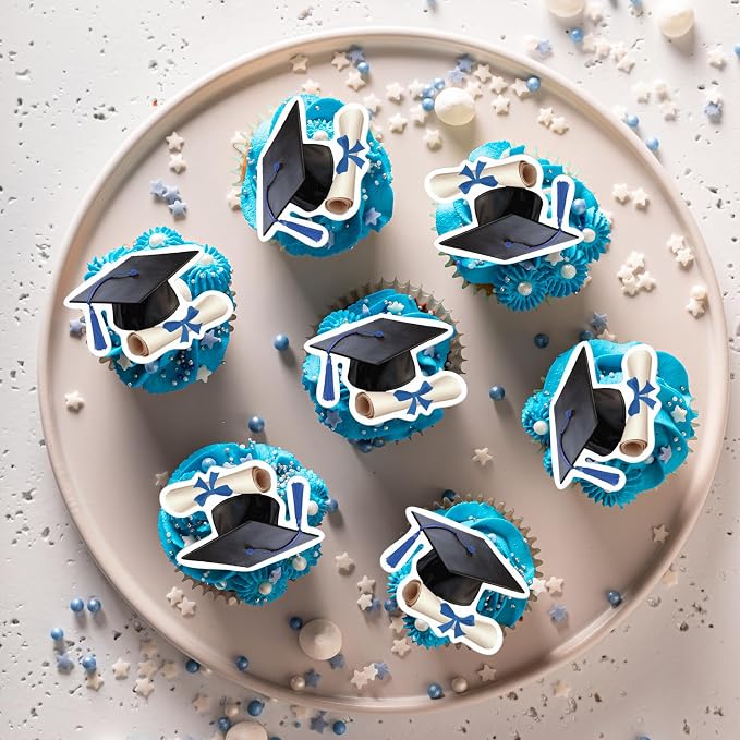 48pcs Edible Graduation Cap Cupcake Toppers Wafer Paper Blue Grad Cap Diploma Cake Decorations Edible Grad Cap Cupcake Picks for 2026 Graduation Theme Party Cake Decor Supplies
