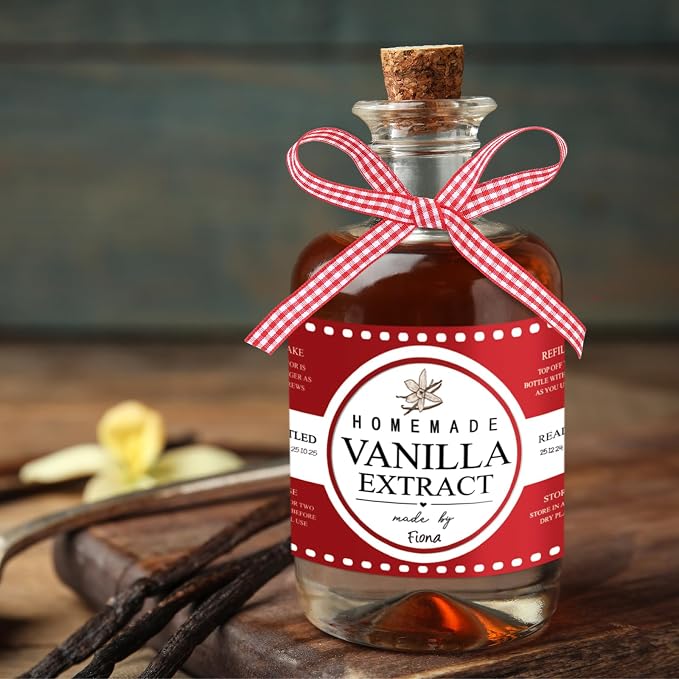 Fulmoon 24 Pcs Vanilla Extract Labels Homemade Vanilla Extract Stickers Bottle Labels with Ribbon Gift Stickers for 4oz, 8oz Handcrafted Bottles Wedding Gifts(Classic)