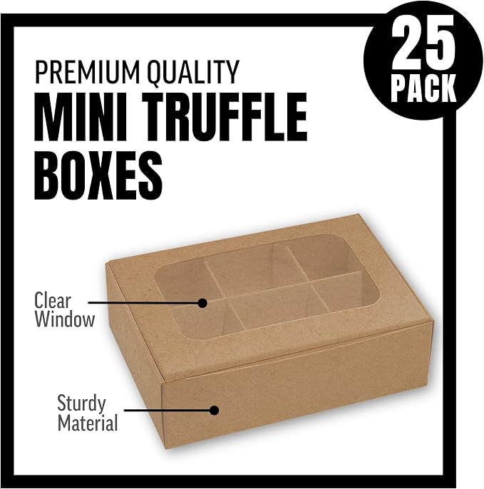 25 pcs Kraft Mini Truffle Box for 6 treats with Window and Dividers, Bakery Boxes, 5 x 3.5 x 1.57 Inches VERY SMALL Baking Boxes, Square Truffles Box Decorating Supplies for Gift Giving