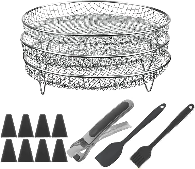 3 layer Square Air Fryer Rack, Stainless Steel Dehydrator, Air Stainless Steel Dehydrator Grill Enhanced Airflow Design Air Fryer Rack for Chicken Wings Vegetables Dual Cakes (Circle Set)