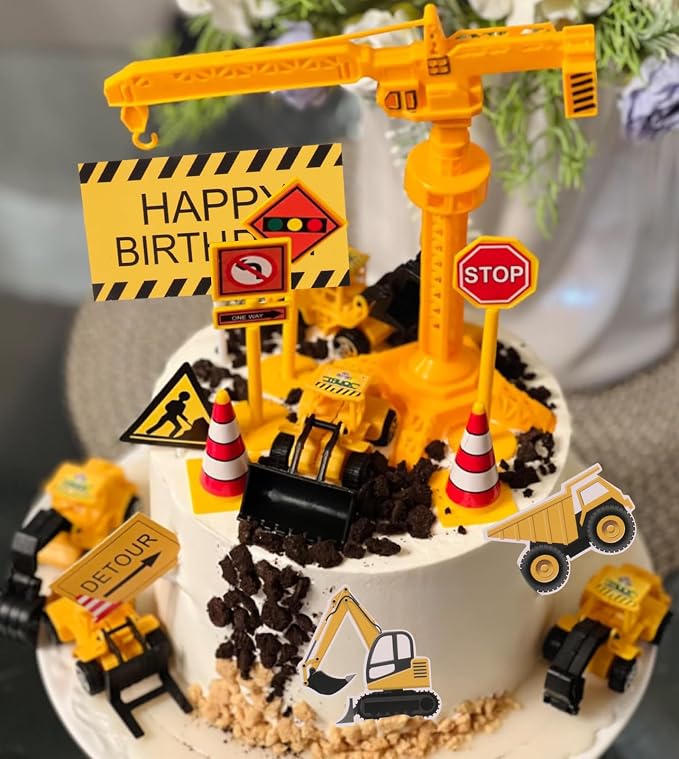 Construction Cake Topper, 18 PCS Construction Cake Decorations Set Excavator Tower Crane Cupcake Topper Traffic and Road Sign Decor Happy Birthday Party Supplies