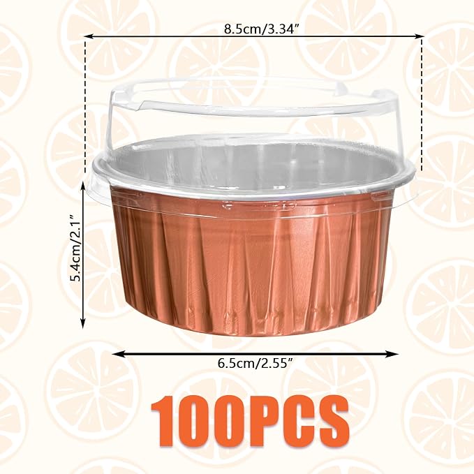 100Pcs Aluminum Cups with Lids,5oz Disposable Ramekin Baking Cups Muffin Liners Mini Pie Pans Foil Cupcake Containers for Christmas Party Wedding Party,Orange