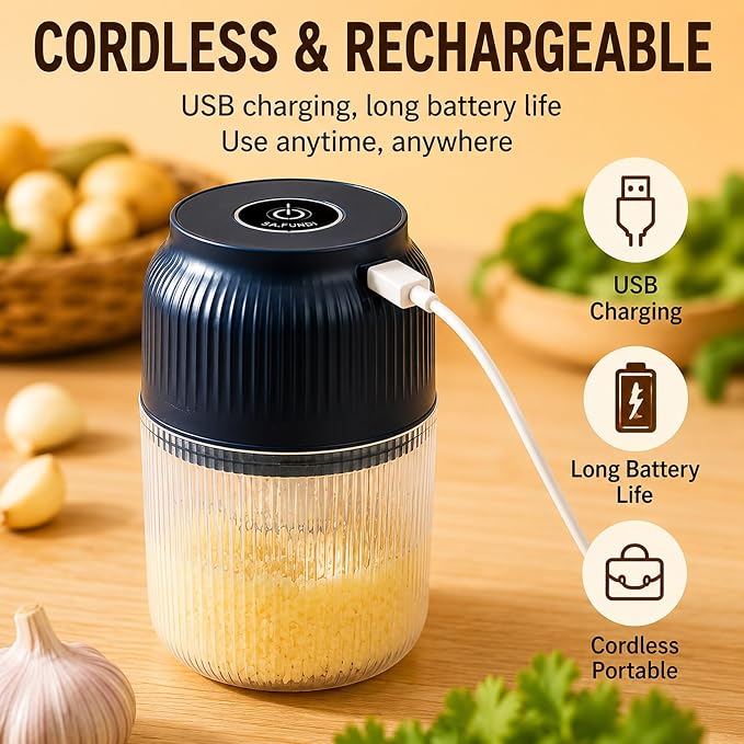 Household Electric Garlic Crusher, 6-Blade Cyclone Mini Chopper (1 Blue) | 350ml Capacity; For Garlic, Onion, Ginger, Chili; Cordless 6 Stainless Steel Blades; Ideal For Home Cooks