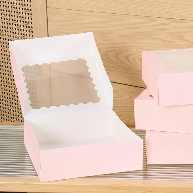 36 pcs 9x9x2.5 Inches Bakery Boxes with Window, Cake Pastry Cookie Mini Pie Box for Pastry,Dessert,Strawberries,Chocolates box (Pink)
