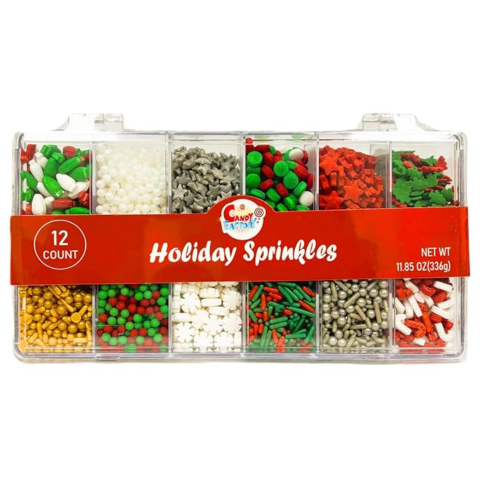 Sarah's Candy Factory Holiday Sprinkles Set 12 Count 11.85 Oz | Cake Cookies Sprinkles For Christmas, Party, Kosher, Jimmies, Stars, Nonpareils Different Types in Box